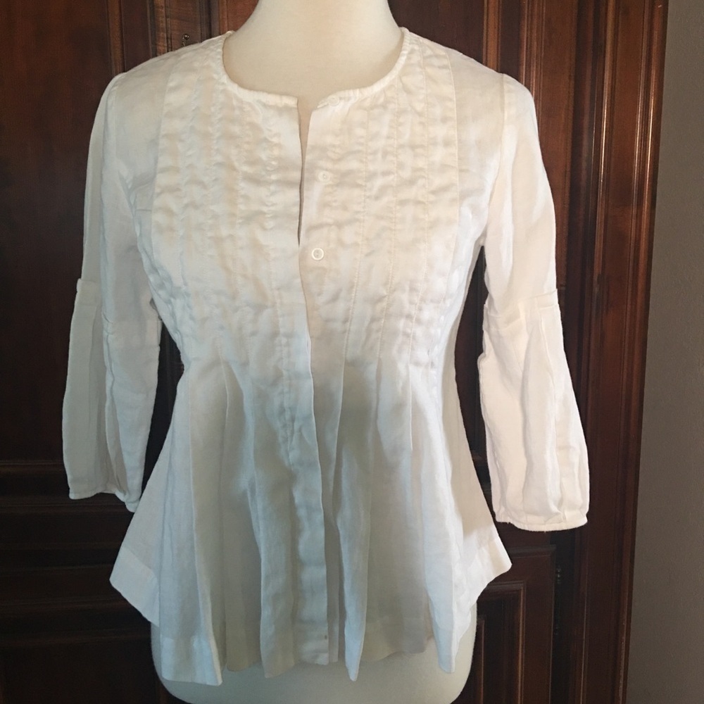 Carole Little 100% White Linen Button pleated Up 3/4 Sleeve Blouse Size Small
